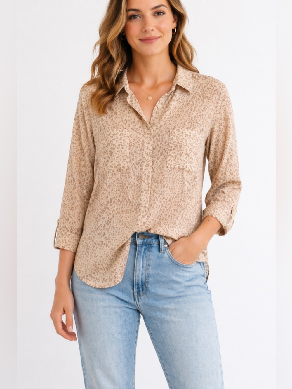 277 Olive & Oak Leopard Print Button Down Blouse Large Tan Cream Lightweight